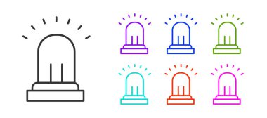 Siyah çizgi alarm zili simgesi beyaz arkaplanda izole edildi. Yangın alarmı. Servis zili, el zili işareti, uyarı sembolü. Simgeleri renklendirin. Vektör.