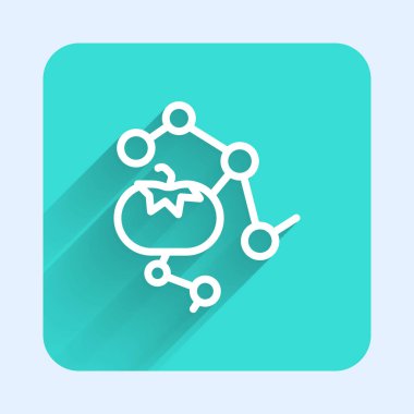 Genetik olarak modifiye edilmiş beyaz çizgi uzun gölgeli yiyecek ikonu. GDO meyvesi. Yeşil kare düğmesi. Vektör.