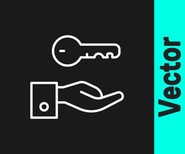 Beyaz çizgi otelin kapı kilidi simgesi siyah arkaplanda izole edildi. Vektör.