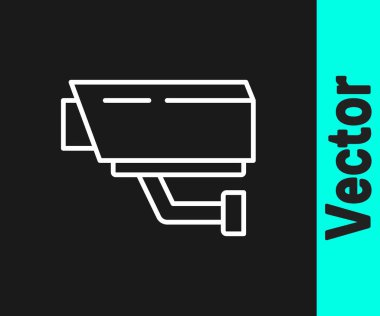 Beyaz çizgi güvenlik kamerası simgesi siyah arkaplanda izole edildi. Vektör.