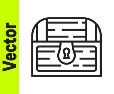 Siyah çizgi antika hazine sandığı resmi beyaz arka planda izole edilmiş. Altın sikkeli klasik tahta sandık. Vektör.