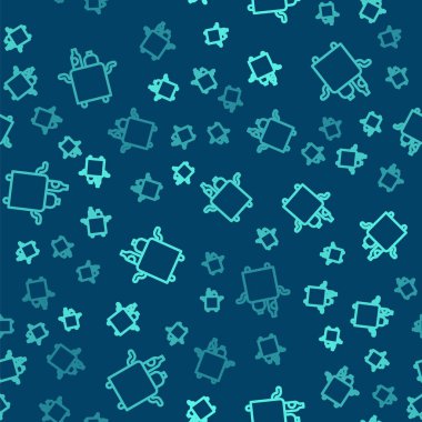 Yiyecek ve içecek ikonu için yeşil çizgi Trolley mavi arka planda izole edilmiş pürüzsüz desen. Vektör.