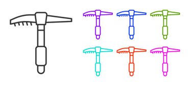 Beyaz arkaplanda siyah çizgi buzdan balta simgesi izole edildi. Tırmanma ekipmanları. Simgeleri renklendirin. Vektör.