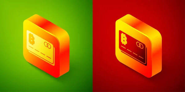 Isometric Credit Card Bitcoin Icon Isolated Green Red Background Online — Stock Vector