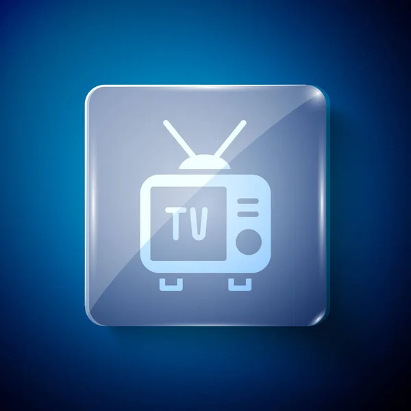 白色复古电视图标孤立在蓝色背景 电视信号 方块玻璃面板 — 图库矢量图片