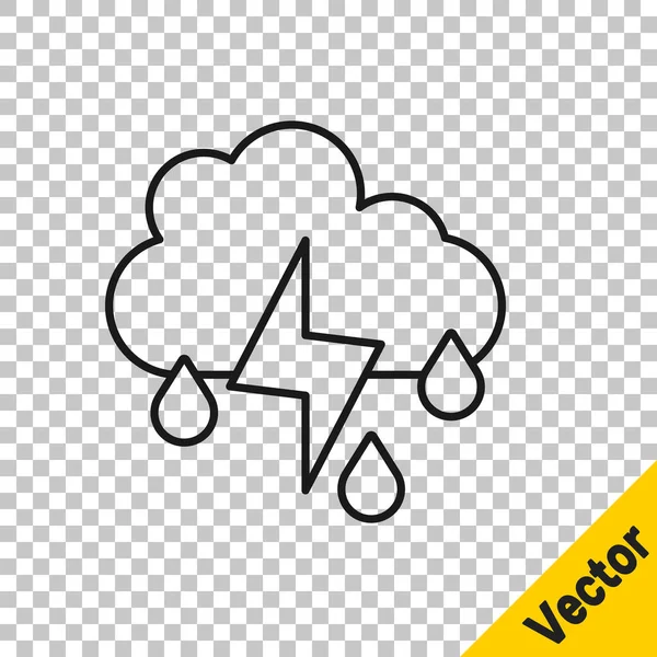 Linea Nera Nuvola Con Icona Pioggia Fulmini Isolata Sfondo Trasparente — Vettoriale Stock