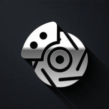 Siyah arka planda izole edilmiş gümüş renkli araba fren diski. Uzun gölge tarzı. Vektör İllüstrasyonu.