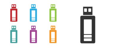Siyah USB flash disk simgesi beyaz arkaplanda izole edildi. Simgeleri renklendirin. Vektör.