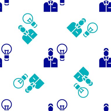 Ampul ikonuna sahip mavi insan beyaz arka planda izole edilmiş pürüzsüz desen. Fikir kavramı. Vektör.