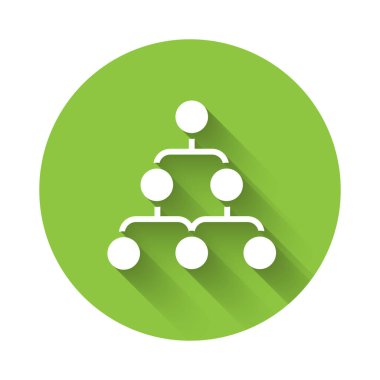 Beyaz İş Hiyerarşisi organogram şema bilgi ikonu uzun gölgeli izole. Kurumsal yapı grafik elementleri. Yeşil daire düğmesi. Vektör.