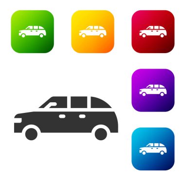 Siyah Hatchback araba simgesi beyaz arkaplanda izole edildi. Renkli kare düğmelerle simgeleri ayarla. Vektör.
