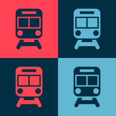 Pop Art Train ve demiryolu ikonu renkli arka planda izole edildi. Toplu taşıma sembolü. Metro treni nakliyesi. Metro yeraltı. Vektör.