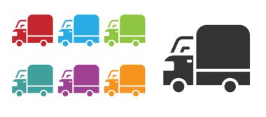 Siyah kargo kamyonu ikonu beyaz arka planda izole edildi. Simgeleri renklendirin. Vektör.