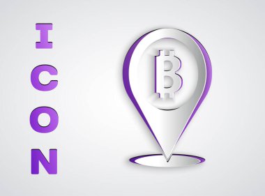 Kağıt kesiği konum bitcoin simgesi gri arkaplanda izole edildi. Madeni para. Engelleme zinciri tabanlı şifreli para birimi. Kağıt sanatı tarzı. Vektör.