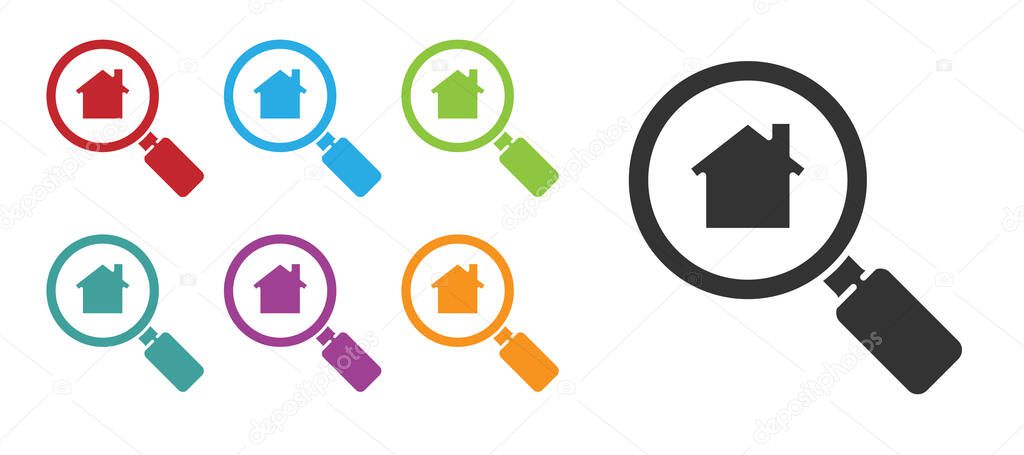 Black Search house icon isolated on white background. Real estate symbol of a house under magnifying glass. Set icons colorful. Vector Illustration.