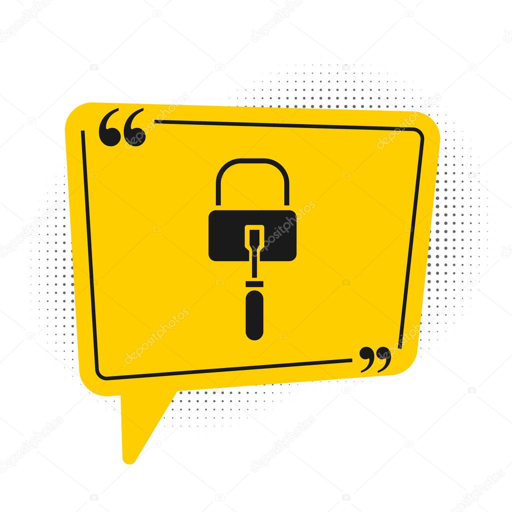 Black Lockpicks or lock picks for lock picking icon isolated on white background. Yellow speech bubble symbol. Vector Illustration.