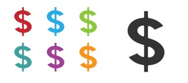 Beyaz arkaplanda siyah dolar sembolü izole edilmiş. Nakit ve para, servet, ödeme sembolü. Kumarhane kumarı. Simgeleri renklendirin. Vektör.