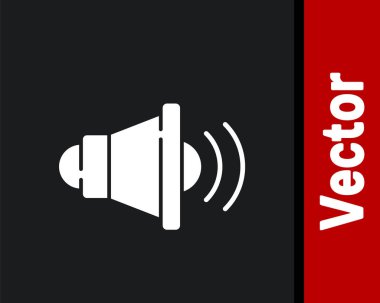 Beyaz Hoparlör sesi, ses sembolü, siyah arkaplanda izole edilmiş medya müzik ikonu. Vektör.