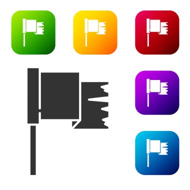 Beyaz arkaplanda siyah korsan bayrağı simgesi izole edildi. Renkli kare düğmelerle simgeleri ayarla. Vektör.