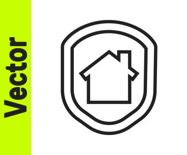 Beyaz arka planda izole edilmiş siyah çizgi ev koruma simgesi altında. Ev ve kalkan. Koruma, güvenlik, güvenlik, koruma, savunma konsepti. Vektör İllüstrasyonu.