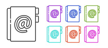 Siyah çizgi adres defteri simgesi beyaz arkaplanda izole edildi. Not defteri, adres, bağlantı, rehber, telefon, telefon rehberi simgesi. Simgeleri renklendirin. Vektör İllüstrasyonu.