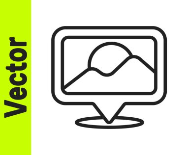 Siyah çizgi harita pin simgesi beyaz arkaplanda izole edildi. Navigasyon, işaret, konum, harita, GPS, yön, yer, pusula, arama konsepti. Vektör İllüstrasyonu.