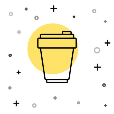 Beyaz arkaplanda siyah çizgi fitness sallama simgesi izole edildi. Su ve protein kokteylleri için kapaklı spor karıştırıcı şişesi. Rastgele dinamik şekiller. Vektör.