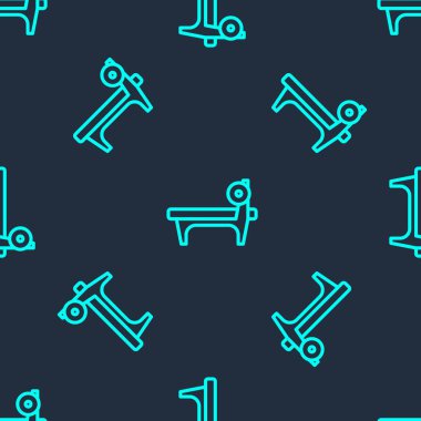 Yeşil çizgi benç ve barbel simgesi mavi arka planda izole edilmiş pürüzsüz desen. Spor aletleri. Vücut geliştirme, ağırlık kaldırma, fitness konsepti. Vektör.