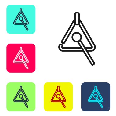 Siyah çizgi üçgeni müzik aleti simgesi beyaz arkaplanda izole edildi. Renkli kare düğmelerle simgeleri ayarla. Vektör.