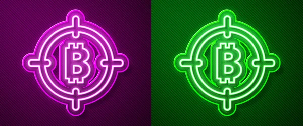 Mor ve yeşil arkaplanda izole edilmiş hedef simgedeki parlayan neon hattı Bitcoin. Yatırım hedef simgesi. Vektör.