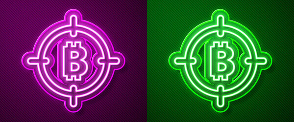 Glowing neon line Bitcoin in the target icon isolated on purple and green background. Investment target icon.  Vector.