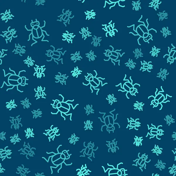 Grüne Linie Käfer Symbol Isoliert Nahtlose Muster Auf Blauem Hintergrund — Stockvektor