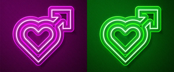 Leuchtendes Neonfarbenes Herz Mit Männlichem Geschlechtssymbol Auf Violettem Und Grünem — Stockvektor