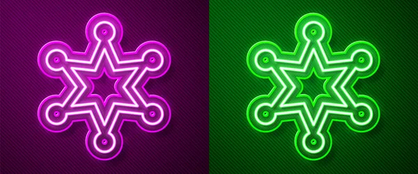 Parlayan Neon Hattı Şerifi Hexagram Simgesi Mor Yeşil Arka Planda — Stok Vektör