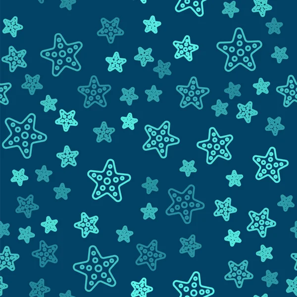 Green Line Starfish Icon Isolated Seamless Pattern Blue Background Vector — Stock Vector