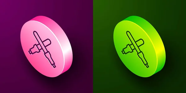 等距线为在紫色和绿色背景上隔离的飞机图标编组 乘务员在飞行前和飞行后与飞行员联络 圆形按钮 — 图库矢量图片