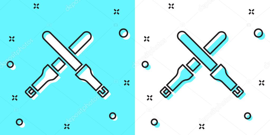 Black line Marshalling wands for the aircraft icon isolated on green and white background. Marshaller communicated with pilot before and after flight. Random dynamic shapes. Vector.