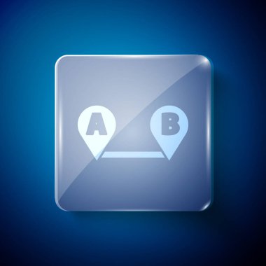 Beyaz Yol konum simgesi mavi arkaplanda izole edildi. Harita işaretçisi işareti. Yol ya da yol kavramı. GPS navigatörü. Kare cam paneller. Vektör İllüstrasyonu.