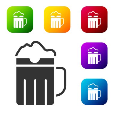 Beyaz arka planda siyah tahta bardak ikonu var. Renkli kare düğmelerle simgeleri ayarla. Vektör.