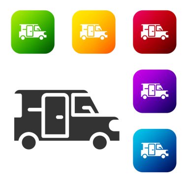 Siyah Minibus simgesi beyaz arkaplanda izole edildi. Renkli kare düğmelerle simgeleri ayarla. Vektör.