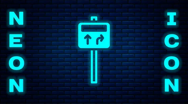 亮晶晶的霓虹灯路标 路标图标隔离在砖墙背景上 指针符号 街道信息标志 方向标志 — 图库矢量图片