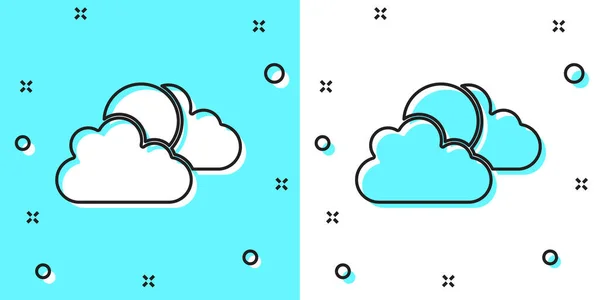 Schwarze Linie Sonne Und Wolken Wettersymbol Isoliert Auf Grünem Und — Stockvektor