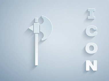 Kağıt kesiği, gri arkaplanda izole edilmiş Ortaçağ balta simgesi. Savaş baltası, cellat baltası. Ortaçağ silahı. Kağıt sanatı tarzı. Vektör.