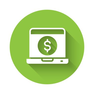 Dolar simgesi uzun gölgeli beyaz dizüstü bilgisayar. Dünyanın her yerine para göndermek, para transferi, online bankacılık, finansal işlemler. Yeşil daire düğmesi. Vektör.