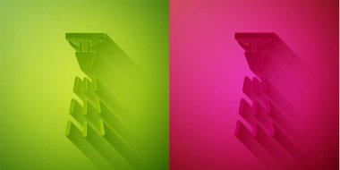 Kağıt kesiği Yangın söndürme sistemi simgesi yeşil ve pembe arka planda izole edilmiş. Fıskiye, yangın söndürücü, katı ikon. Kağıt sanatı tarzı. Vektör.