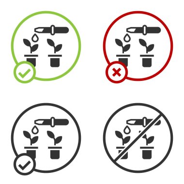 Beyaz arka planda izole edilmiş bitki ikonu üzerindeki pipetten siyah su damlası. Tıbbi veya tarımsal deneyler. Gübreler ve böcek ilaçları. Çember düğmesi. Vektör.