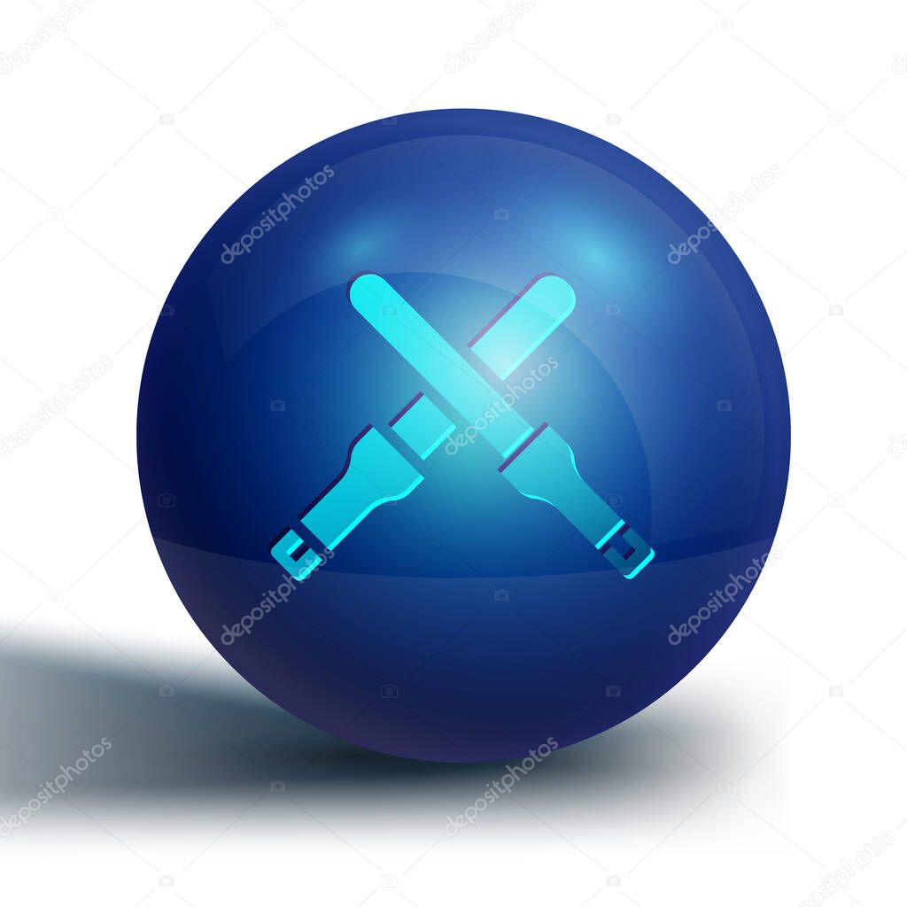 Blue Marshalling wands for the aircraft icon isolated on white background. Marshaller communicated with pilot before and after flight. Blue circle button. Vector.