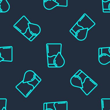 Su ikonlu yeşil çizgi camlar mavi arka planda izole edilmiş kusursuz desenler. Soda bardağı. Vektör İllüstrasyonu.