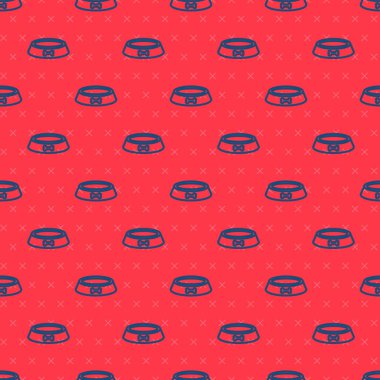 Kedi ya da köpek ikonu için mavi çizgi evcil hayvan yemek kasesi kırmızı arka planda izole edilmiş kusursuz desen. Köpek kemiği işareti. Vektör.