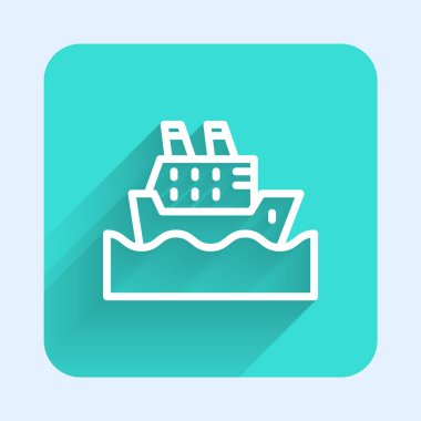 Okyanus simgesindeki beyaz çizgi yolcu gemisi uzun gölgeli izole edilmiş. Dünyayı dolaşmak. Yeşil kare düğmesi. Vektör.